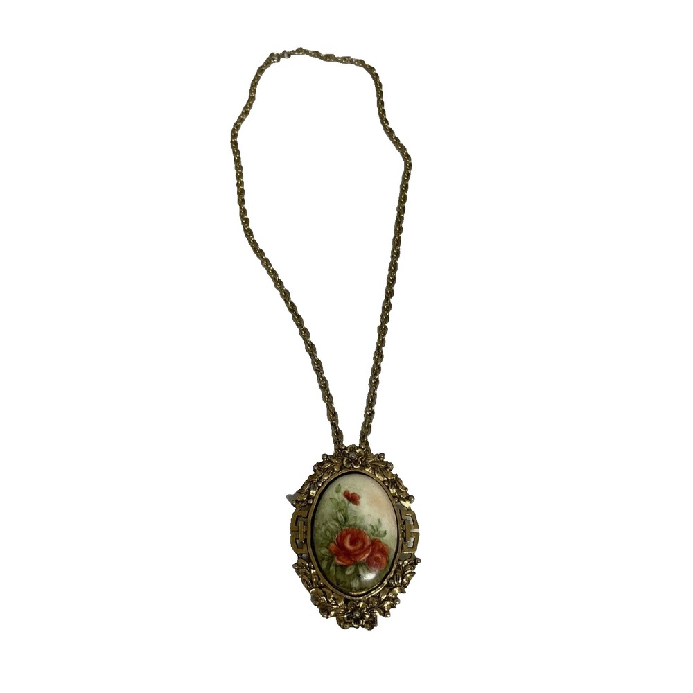 Vintage Gold Tone Hand Painted Floral Roses Pendant Necklace‎ Brooch Pin 2.5"